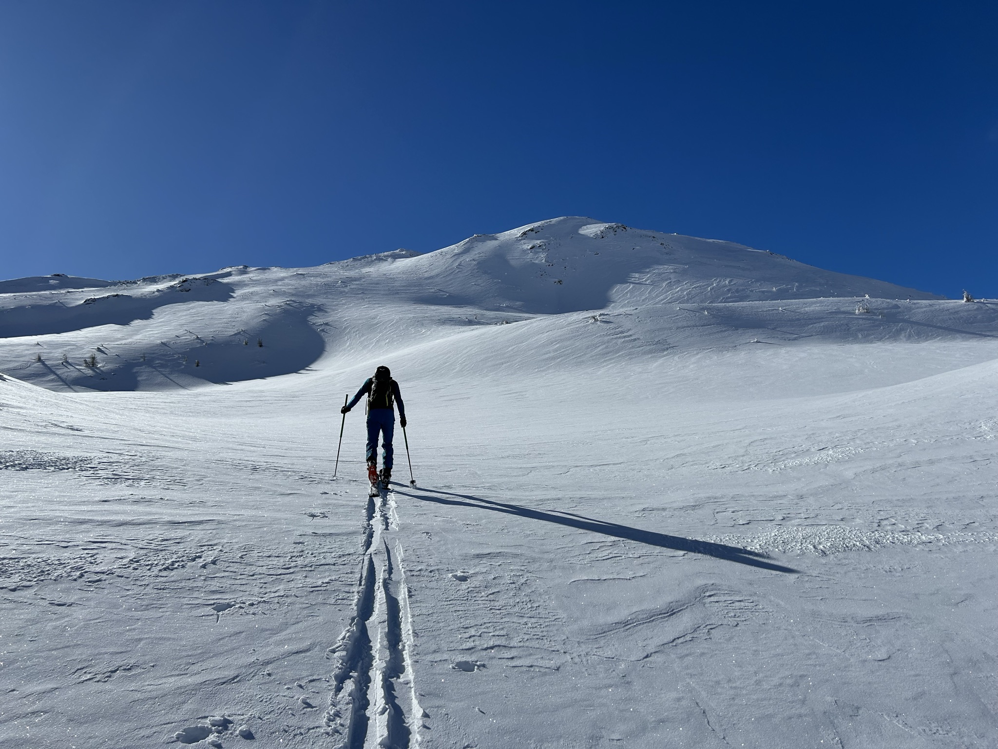 Ski tourer ascending, casting a long shadow