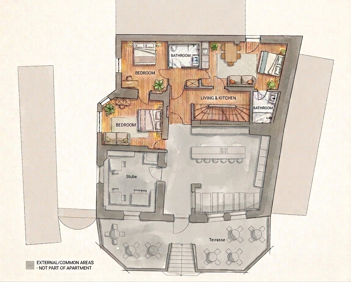 Planimetria dell'appartamento: due camere da letto, due bagni, cucina abitabile