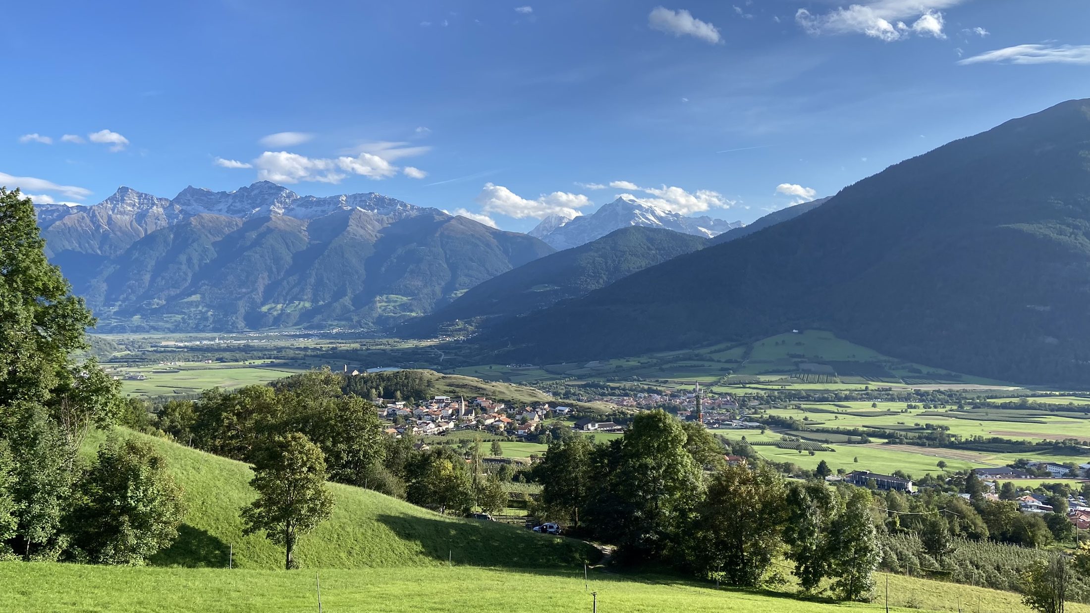 Blick ins Obervinschgau bei Tartsch, grüne Wiesen und Berge im Sommer